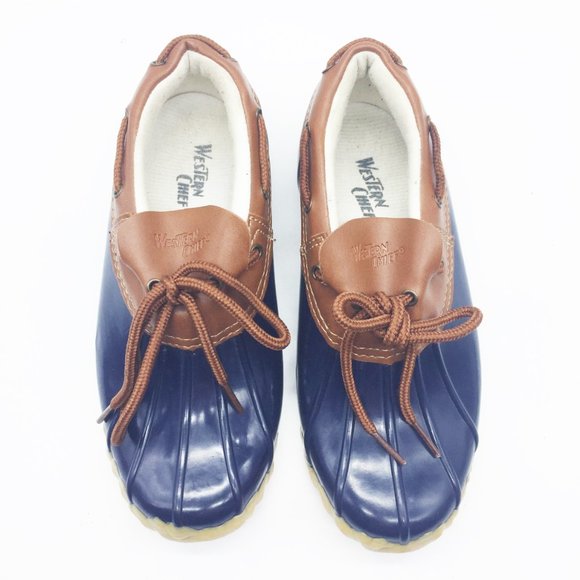 WESTERN CHIEF 7M Rain Duck Moccasin Slip On Navy / Brown Leather Womans - Picture 2 of 8